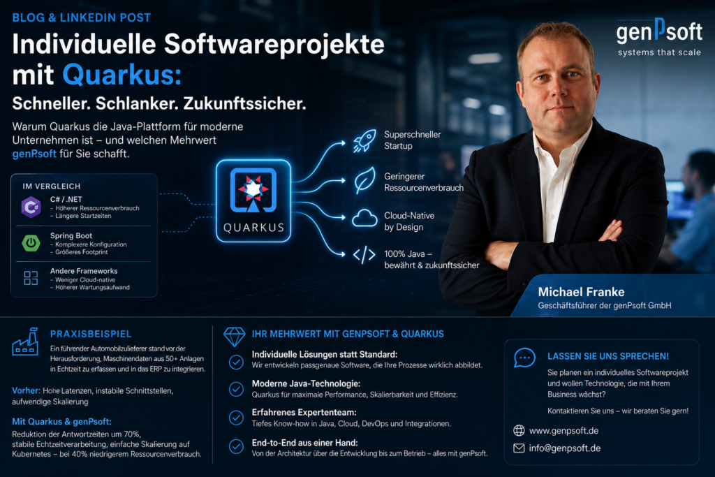 Quarkus bietet extrem schnelle Startzeiten, einen sehr geringen Speicherbedarf und eine hohe Entwicklerproduktivität durch Live-Coding.