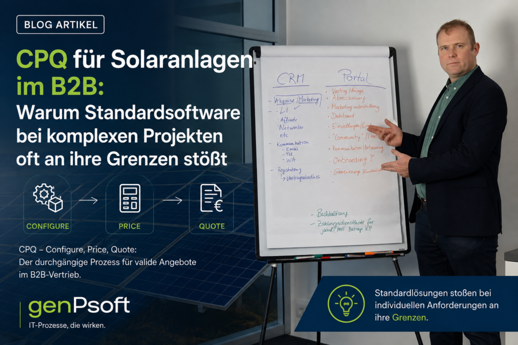 Bei Solaranlagen, insbesondere im B2B-Geschäft mit größeren Dach- oder Freiflächenanlagen, wird es interessant: Hier reicht die klassische CPQ-Logik allein oft nicht aus. Der Grund liegt weniger an der Software als an den Rahmenbedingungen der Branche.