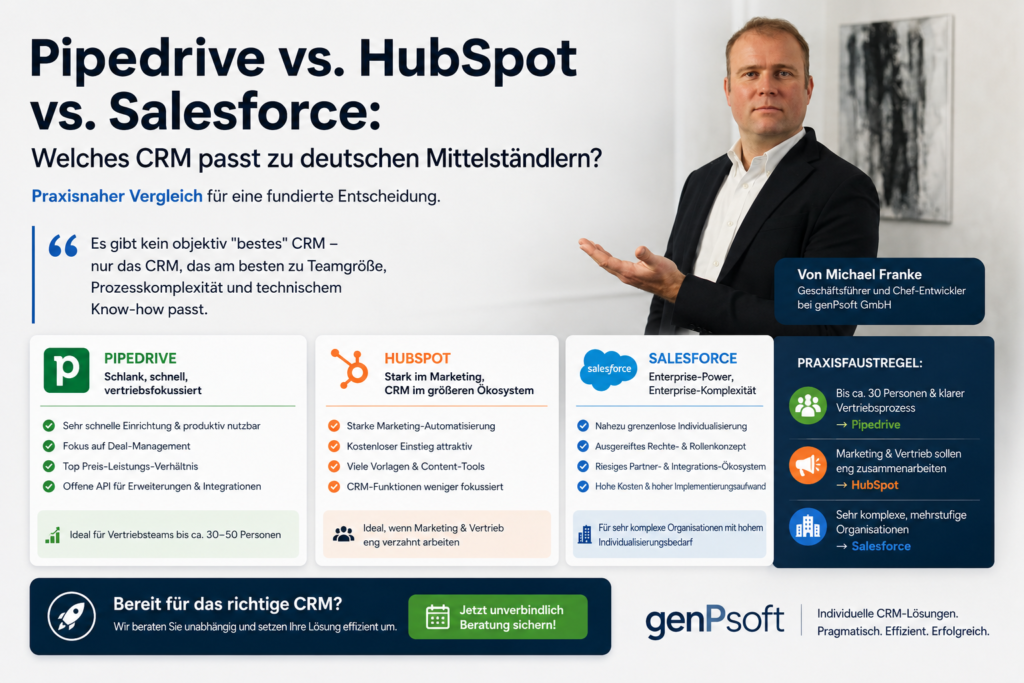 Kaum eine Entscheidung wird in Vertriebsteams so oft aufgeschoben wie die CRM-Wahl – und kaum eine wird am Ende so sehr vom Bauchgefühl statt von den tatsächlichen Anforderungen getroffen. Als Software-Architekt, der Unternehmen bei der Einführung und individuellen Erweiterung von CRM-Systemen begleitet, sehe ich regelmäßig, welche Entscheidung sich im Nachhinein als richtig – oder als teurer Fehler – erweist. Hier ein ehrlicher, praxisnaher Vergleich der drei häufigsten Kandidaten für den deutschen Mittelstand.