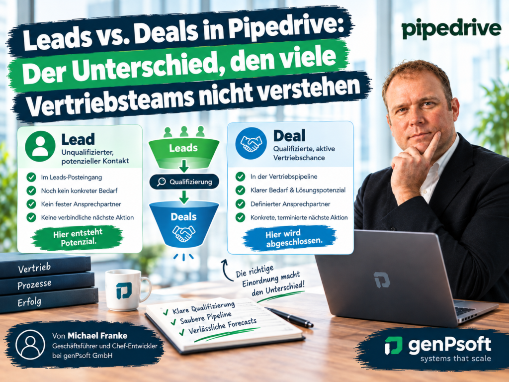 Kaum ein Missverständnis kostet Vertriebsteams in Pipedrive so viel unbemerkte Effizienz wie die Verwechslung von Leads und Deals. Beide Objekte sehen auf den ersten Blick ähnlich aus, folgen aber einer komplett unterschiedlichen Logik – und wer diesen Unterschied nicht klar im Team etabliert, verliert langfristig Übersicht über den eigenen Vertriebstrichter.
