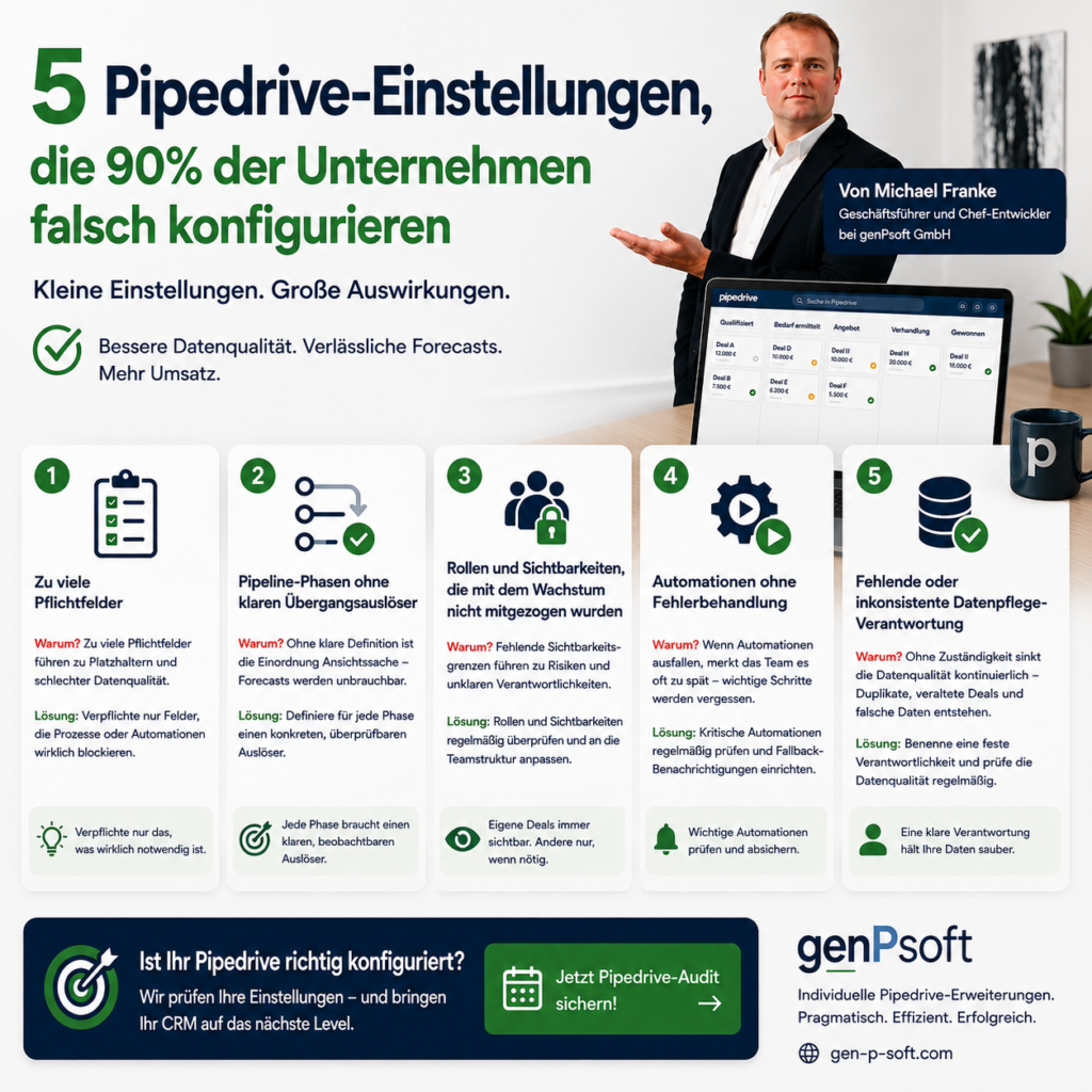 Pipedrive-Einstellungen für bessere CRM-Daten In fast jedem Pipedrive-Audit, das wir bei genPsoft durchführen, tauchen dieselben fünf Konfigurationsfehler auf – unabhängig davon, ob es sich um ein zehnköpfiges Vertriebsteam oder eine hundertköpfige Organisation handelt. Keiner dieser Fehler ist offensichtlich falsch. Genau deshalb bleiben sie so lange unentdeckt und kosten Unternehmen über Monate hinweg Datenqualität, Reporting-Genauigkeit und letztlich Umsatz.