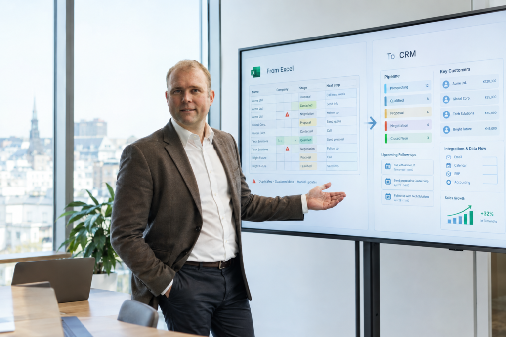 Business consultant presenting the move from Excel to CRM on a large screen: a cluttered spreadsheet on the left, a clean CRM pipeline dashboard on the righ