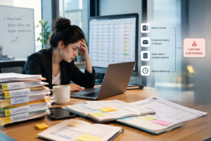 Stressed salesperson at a desk full of paper files and spreadsheets, showing how a manual sales process leads to lost time and revenue