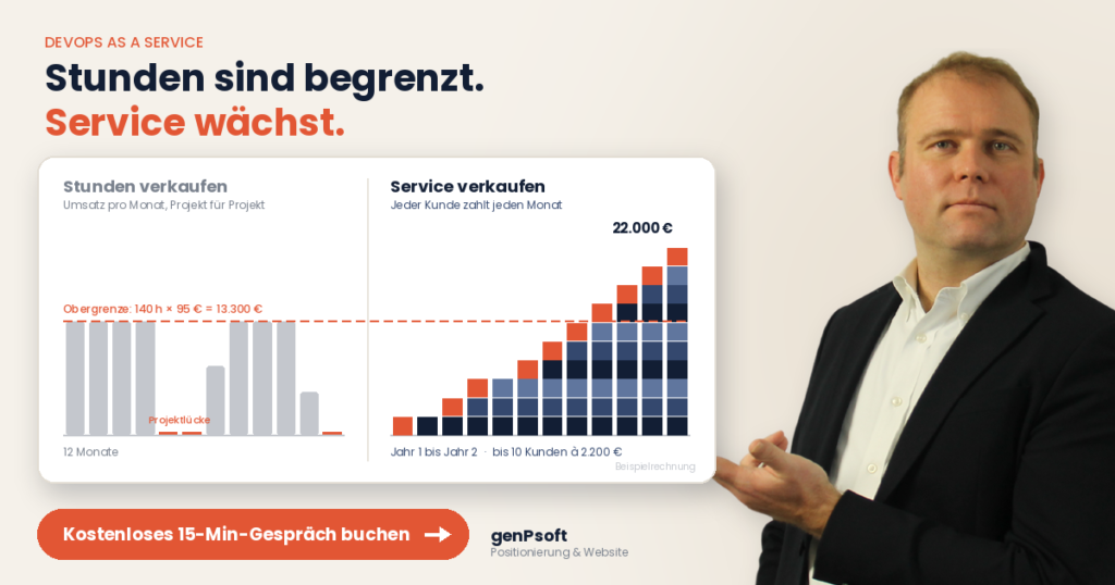 Vom Stundenverkäufer zum Serviceanbieter DevOps as a Service ist kein Selbstläufer und kein passives Einkommen. Aber es ist ein Geschäftsmodell, das mit jedem Kunden besser wird – statt mit jedem Projekt von vorn zu beginnen.