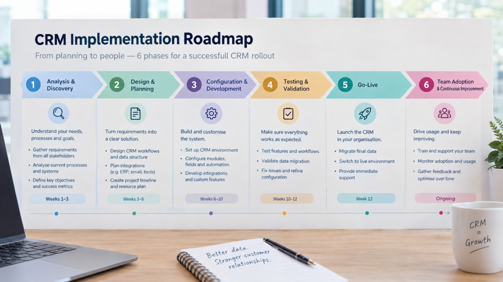 CRM implementation roadmap: six phases from analysis and design to go-live and team adoption