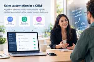 Sales automation in a CRM: repetitive tasks like emails, reminders and reports handled automatically while people focus on customers