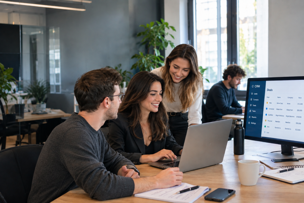 Scaling a B2B sales team: a small team growing into a larger, well-structured sales organization connected through a CRM
