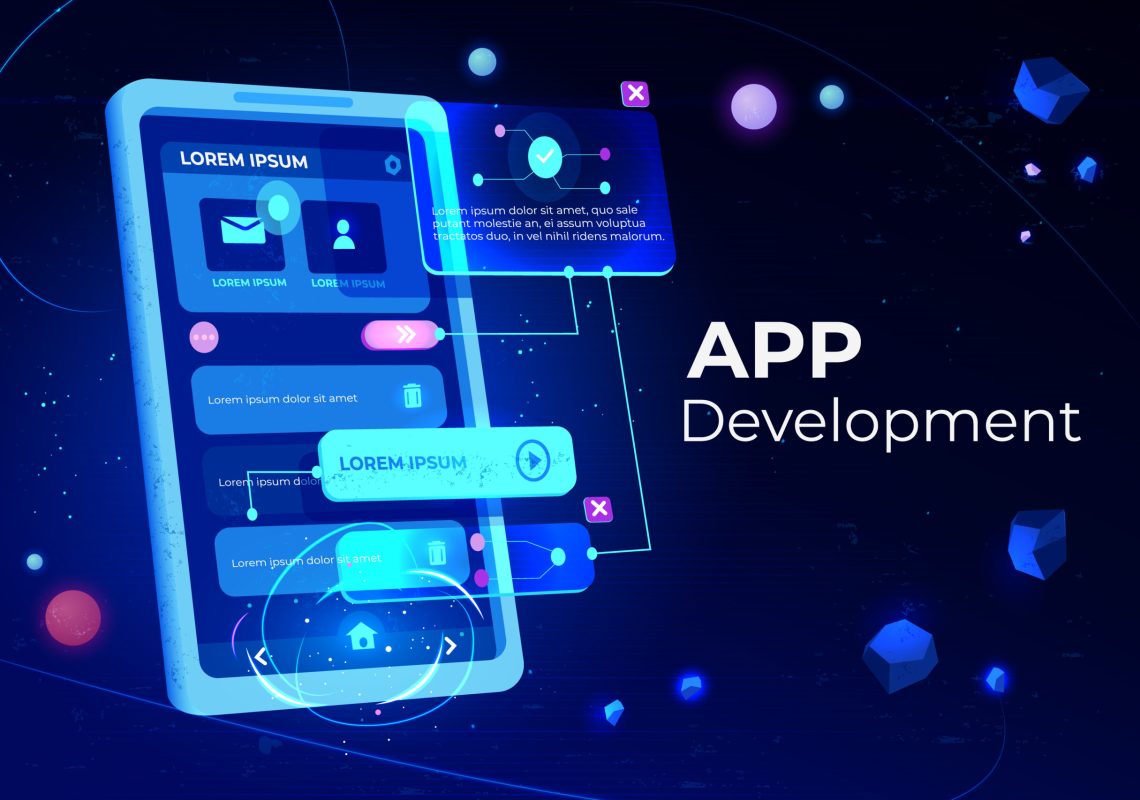 App development banner, adaptive layout application web interface on smartphone touch screen, user software API prototyping, testing, neon glowing background. Cartoon vector illustration, landing page