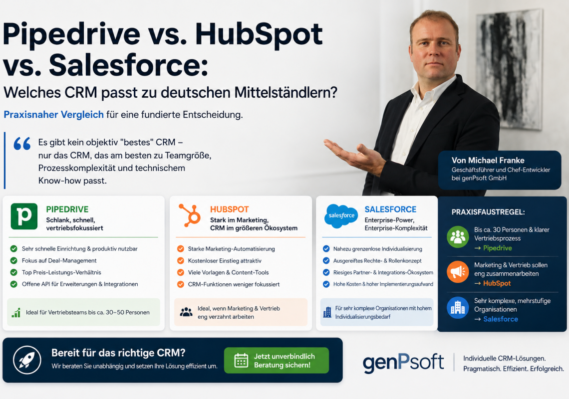 Kaum eine Entscheidung wird in Vertriebsteams so oft aufgeschoben wie die CRM-Wahl – und kaum eine wird am Ende so sehr vom Bauchgefühl statt von den tatsächlichen Anforderungen getroffen. Als Software-Architekt, der Unternehmen bei der Einführung und individuellen Erweiterung von CRM-Systemen begleitet, sehe ich regelmäßig, welche Entscheidung sich im Nachhinein als richtig – oder als teurer Fehler – erweist. Hier ein ehrlicher, praxisnaher Vergleich der drei häufigsten Kandidaten für den deutschen Mittelstand.