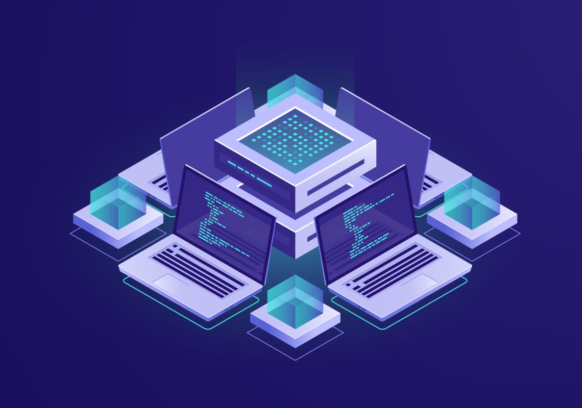 Artificial intelligence isometric icon, server room, datacenter and database concept, code repository access, programm app development vector neon dark