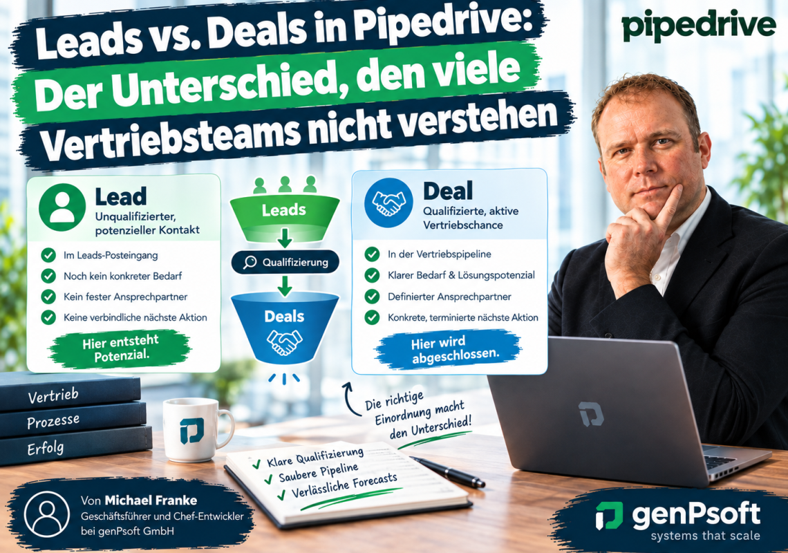 Kaum ein Missverständnis kostet Vertriebsteams in Pipedrive so viel unbemerkte Effizienz wie die Verwechslung von Leads und Deals. Beide Objekte sehen auf den ersten Blick ähnlich aus, folgen aber einer komplett unterschiedlichen Logik – und wer diesen Unterschied nicht klar im Team etabliert, verliert langfristig Übersicht über den eigenen Vertriebstrichter.
