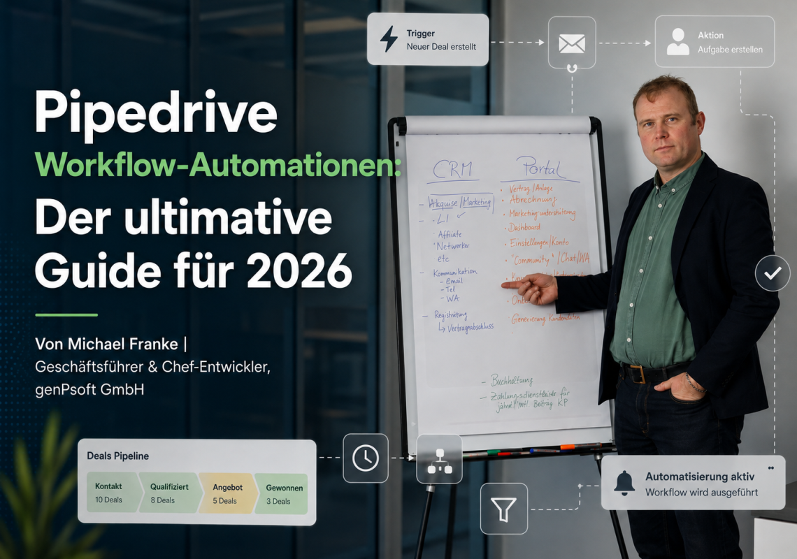 Pipedrive-Automationen entfalten ihren größten Nutzen nicht durch möglichst viele, sondern durch wenige, gut durchdachte Regeln, die exakt an den eigenen Vertriebsprozess angepasst sind. Wer mit zwei bis drei soliden Automationen startet und diese schrittweise erweitert, sieht in der Regel schneller messbare Ergebnisse als mit einem überkomplexen Regelwerk, das niemand mehr vollständig überblickt. genPsoft GmbH entwickelt individuelle Pipedrive-Automationen und API-Erweiterungen für Unternehmen, deren Anforderungen über die Standardfunktionen hinausgehen.