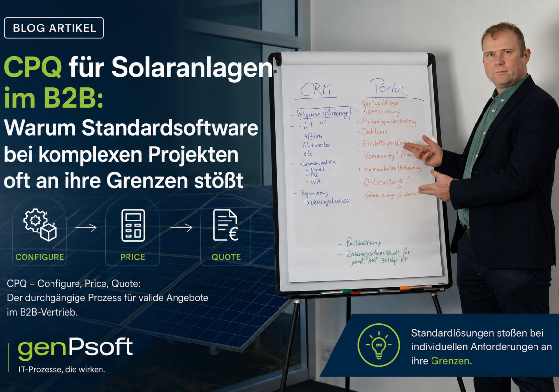 Bei Solaranlagen, insbesondere im B2B-Geschäft mit größeren Dach- oder Freiflächenanlagen, wird es interessant: Hier reicht die klassische CPQ-Logik allein oft nicht aus. Der Grund liegt weniger an der Software als an den Rahmenbedingungen der Branche.