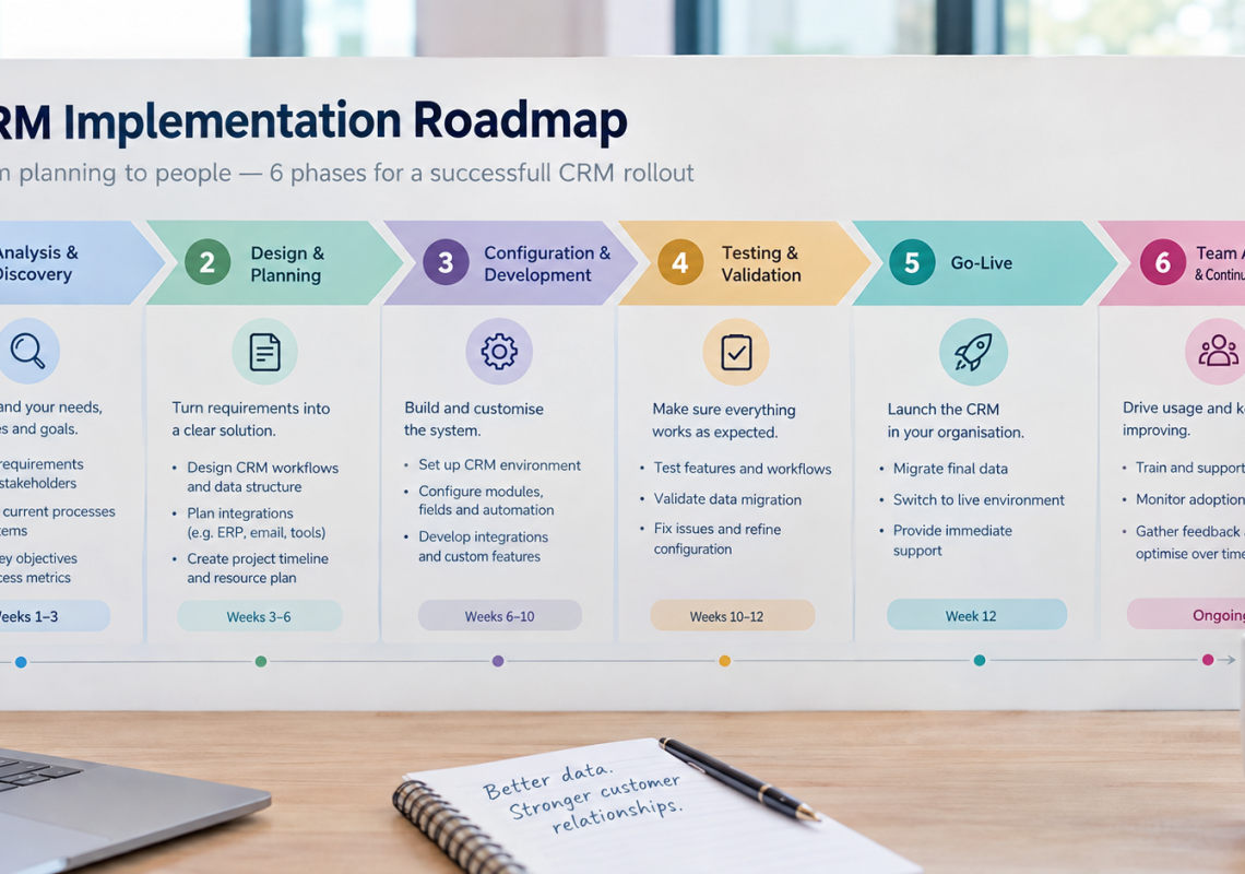 CRM implementation roadmap: six phases from analysis and design to go-live and team adoption