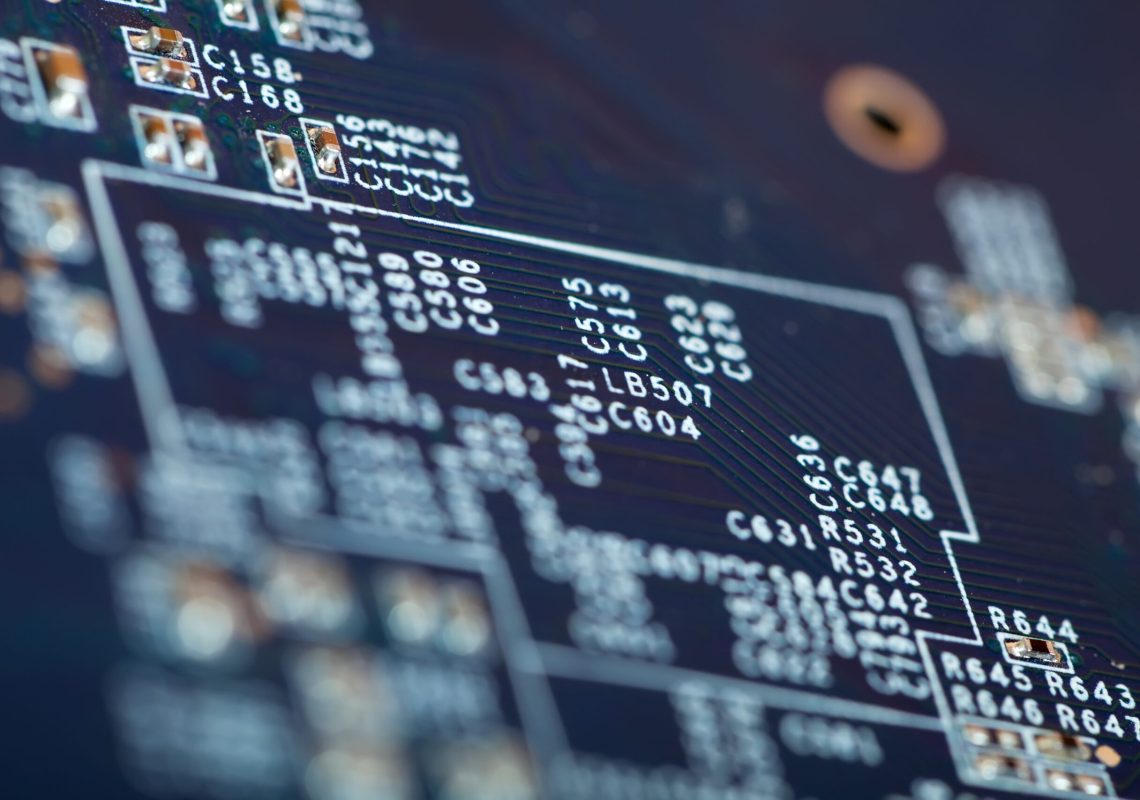 View of electronic circuit board close-up. Shallow DOF