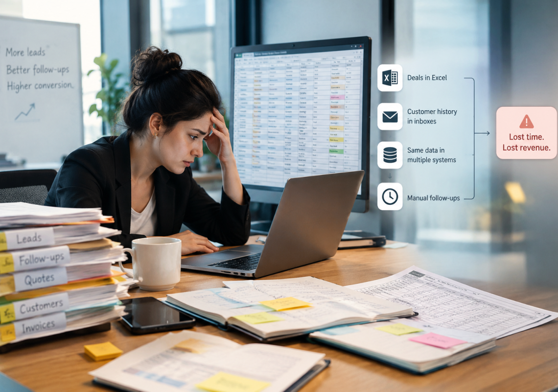 Stressed salesperson at a desk full of paper files and spreadsheets, showing how a manual sales process leads to lost time and revenue