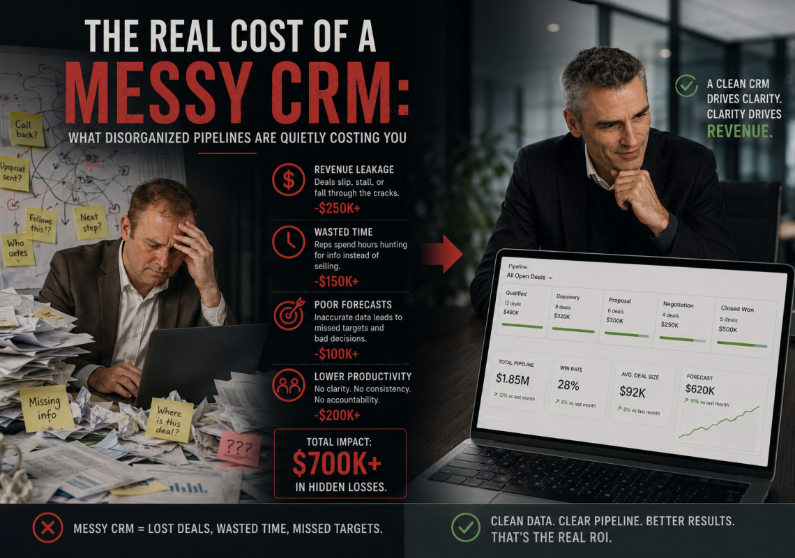 Why this framing matters The point of putting a number on this isn't to shame anyone — sales teams don't drift into CRM chaos through negligence, they drift into it because nobody owns fixing it until it's already expensive. The point is that "CRM cleanup" and "defining a real sales process" stop being nice-to-have hygiene projects and start being what they actually are: a specific, quantifiable cost center that's currently being paid quietly, every month, instead of being fixed once. Once you have your own rough number, the next question is almost always more useful than "should we get a better CRM?" — it's "which of these four leaks would shrink the fastest with the least effort?" That's usually where a fix actually starts. Next in this series: the point where a spreadsheet genuinely stops being enough — and the specific signs that tell you you've crossed it.