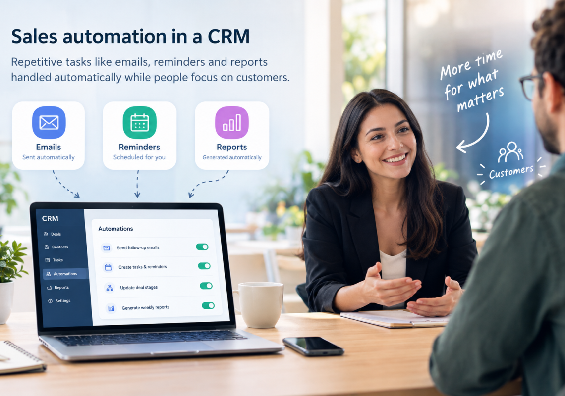 Sales automation in a CRM: repetitive tasks like emails, reminders and reports handled automatically while people focus on customers