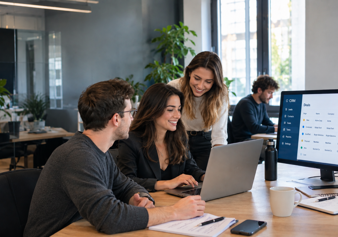Scaling a B2B sales team: a small team growing into a larger, well-structured sales organization connected through a CRM